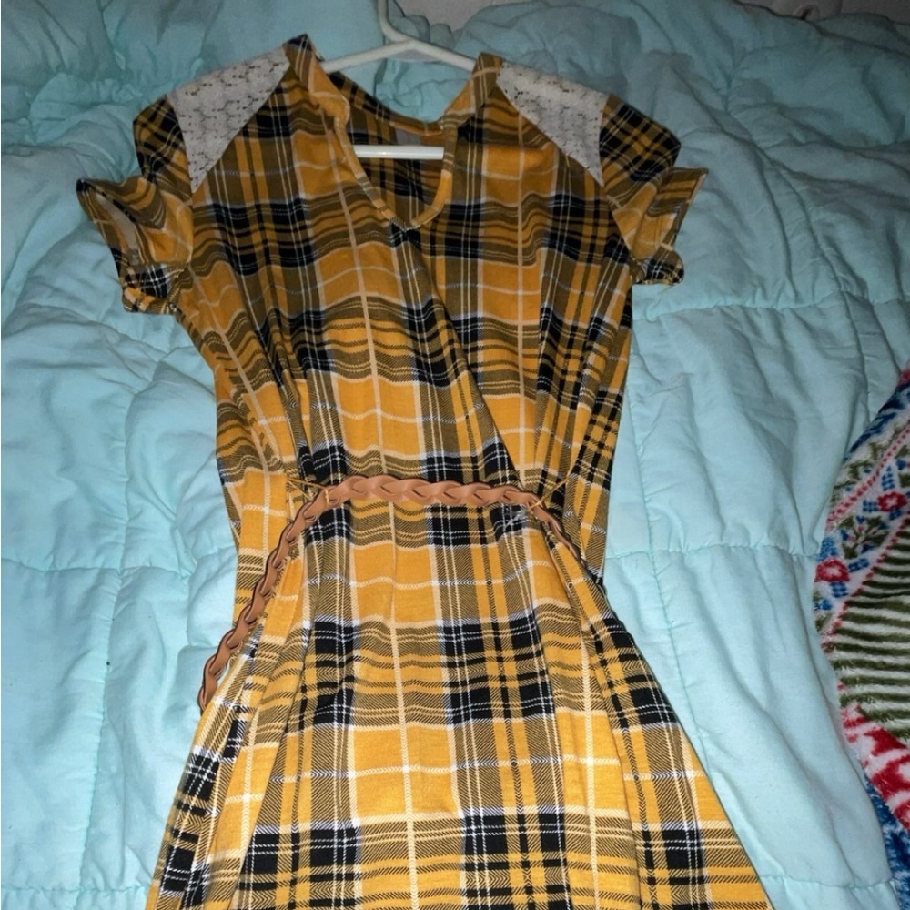 No Boundaries Yellow Plaid Midi Dress with Lace